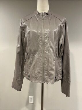 Gray tan faux Leather Zip-Front Jacket